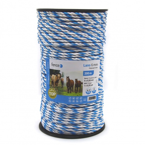 Lano pro elektrický ohradník, průměr 6 mm, modro-bílé, 200 m, 0,4 Ω/m