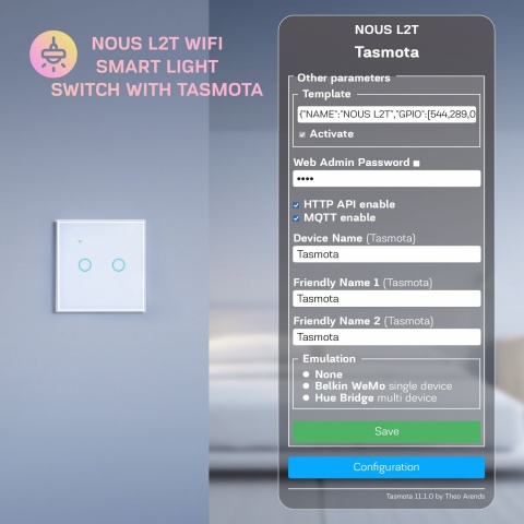NOUS L2T WiFi Tasmota 2 kanálový vypínač osvětlení
