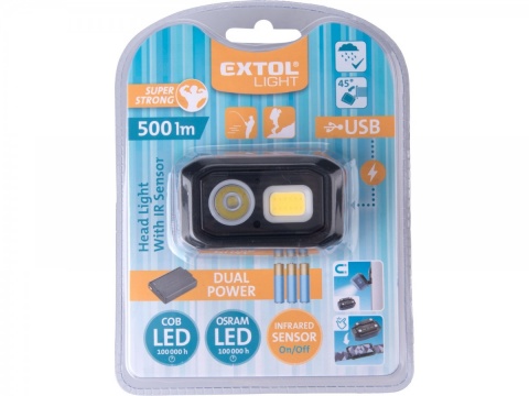 EXTOL LIGHT čelovka 500lm, Dual Power - Li-ion nebo AAA, USB nabíjení, s IR čidlem