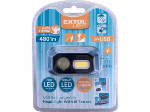 EXTOL LIGHT čelovka 480lm, nabíjecí, USB, IR čidlo, OSRAM LED+COB LED