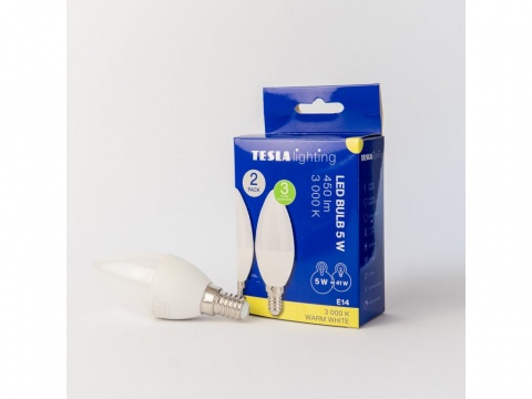 LED žárovka Tesla CANDLE svíčka, E14, 5W, 230V, 450lm, 25 000h, 3000K teplá bílá, 220st 2ks