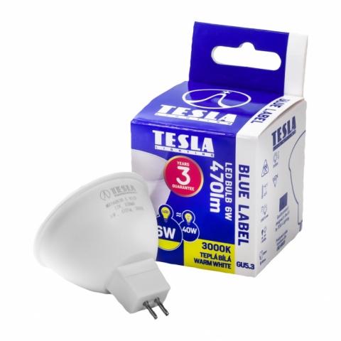 LED žárovka Tesla MR16 6W, 12V, 470lm, 25 000h, 3000K teplá bílá, 100st