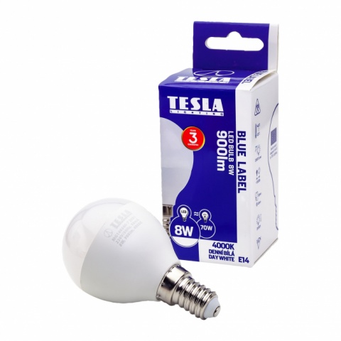 LED žárovka Tesla miniglobe BULB E14, 8W, 230V, 900lm, 25 000h, 4000K denní bílá, 180st