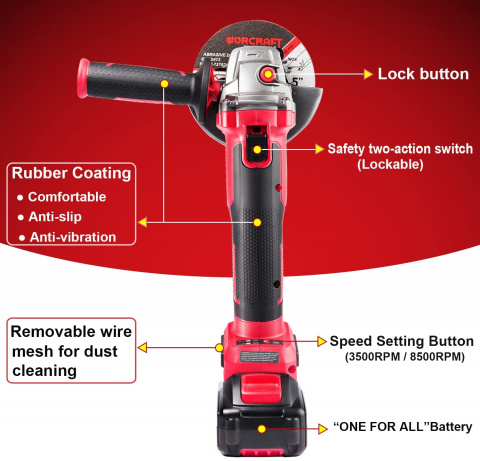 Aku úhlová bruska 125mm, bezuhlíková, 20V Worcraft CAG-S20LiBH 1x4.0Ah, nabíječka, kufr