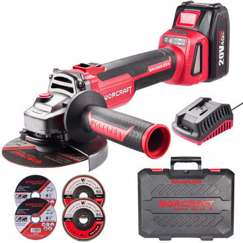 Aku úhlová bruska 125mm, bezuhlíková, 20V Worcraft CAG-S20LiBH 1x4.0Ah, nabíječka, kufr