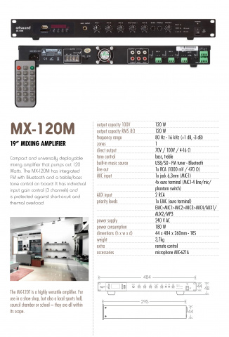 ARTSOUND MX-120M - 19” mixážní 100 V zesilovač s integrovaným přehrávačem a FM rádiem