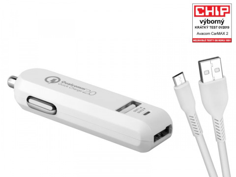 AVACOM CarMAX 2 nabíječka do auta 2x Qualcomm Quick Charge 2.0, bílá barva (micro USB kabel)