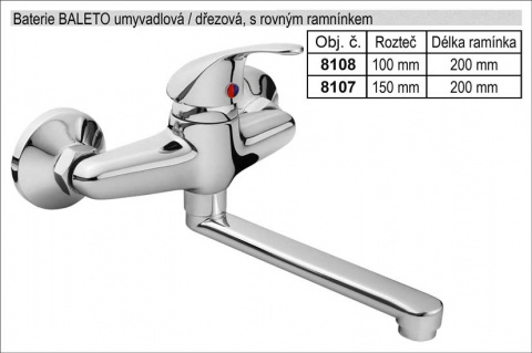 Baterie dřezová / umyvadlová 150mm chromovaná s rovným ramínkem délka 200mm