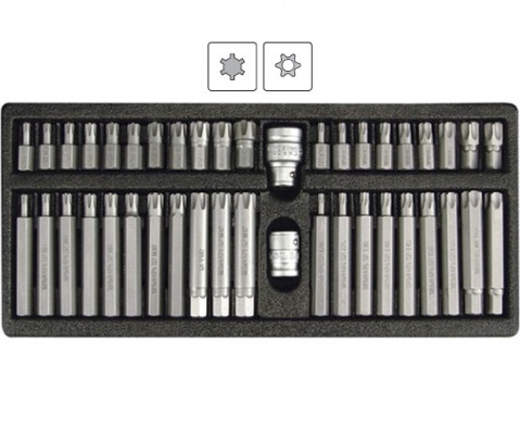 Bity Torx (vrtané) a Ribe (hranaté Torxy), sada 42 dílů, pro ráčny 3/8“ a 1/2", Yato