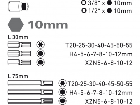 Bity Torx, XZN, Imbus, sada 40 dílů, pro ráčny 3/8“ a 1/2", Extol Premium