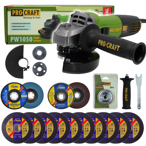 Bruska úhlová Procraft PW1050 + rychloupínací matice, 10x řezný kotouč, 2x lamelový kotouč | SPW1050/RM14