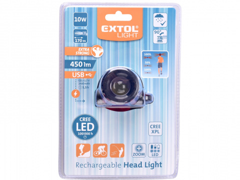 Čelová svítilna 450lm 10W nabíjecí ZOOM CREE XPL