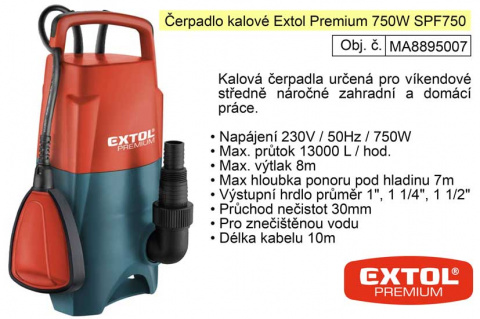 Čerpadlo elektrické kalové 750W 13000 l / hod  Extol Premium 8895007
