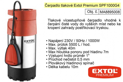 Extol Premium SPF1000G4 Čerpadlo elektrické nerezové tlakové 1100W 5500 l / hod