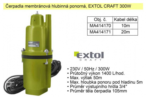 Čerpadlo membránové hlubinné 300W  1400 l / hod.  Extol 414171