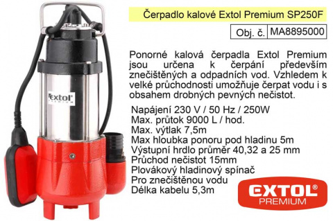 Čerpadlo ponorné kalové 250W  9000 l / min.  Extol Premium 8895000