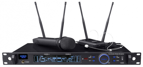 DEXON Bezdrátový mikrofon diverzitní ruční + náhlavní / klopový, 2kanálový MBD 742