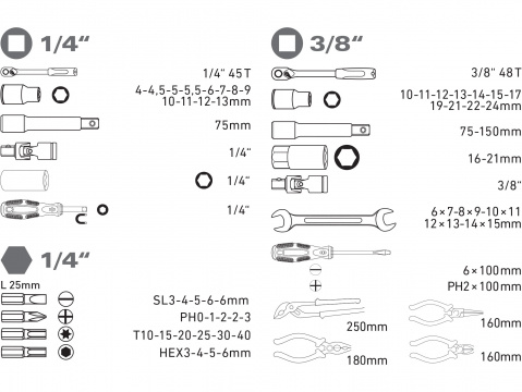 EXTOL CRAFT sada nářadí 65ks, 1/4", 3/8", CrV 6598