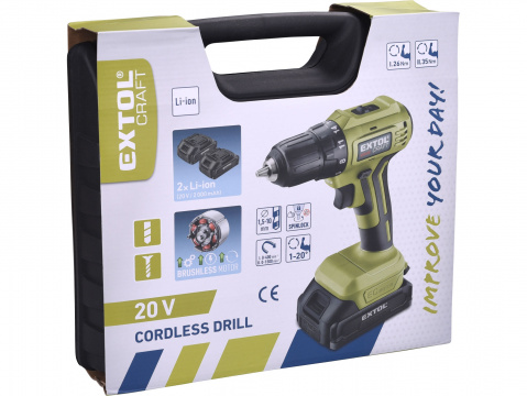 EXTOL CRAFT vrtací šroubovák aku, BRUSHLESS, 20V Li-ion, 2×2Ah 402450