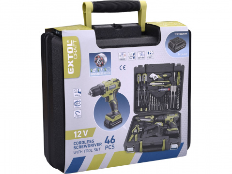 EXTOL CRAFT vrtací šroubovák aku, BRUSHLESS, 20V Li-ion, 2Ah, SET SADA NÁŘADÍ 46KS