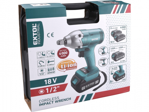 EXTOL INDUSTRIAL aku rázový utahovák 1/2", brushless, 18V Li-ion, 2x4000mAh 8791255