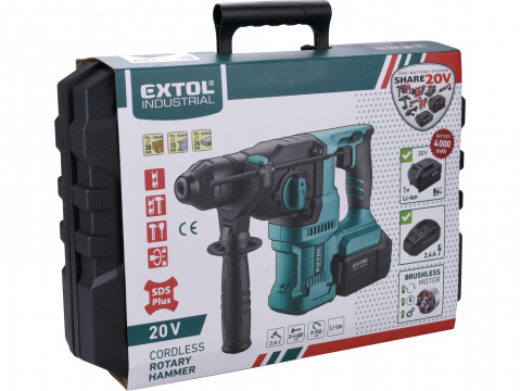 EXTOL INDUSTRIAL aku vrtací kladivo SDS plus, 20V Li-ion, 4000mAh,bezuhlíkové SHARE20V