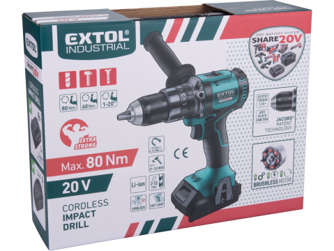 EXTOL INDUSTRIAL Aku vrtací šroubovák s příklepem SHARE20V, 20V Li-ion, 2000mAh 8791802