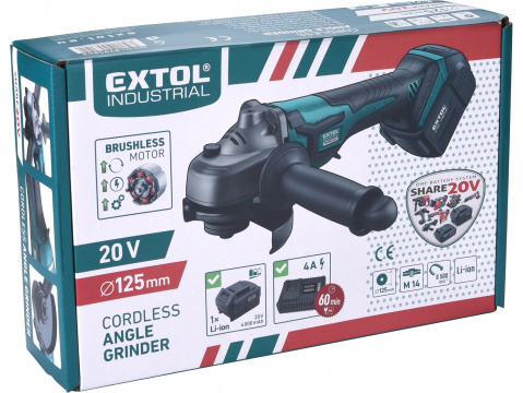 EXTOL INDUSTRIAL bruska úhlová aku SHARE20V, 125mm, 20V Li-ion, 4000mAh