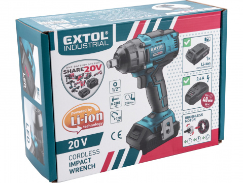 EXTOL INDUSTRIAL utahovák rázový 1/2“ aku SHARE20V, 250Nm, 20V Li-ion, 2000 mAh