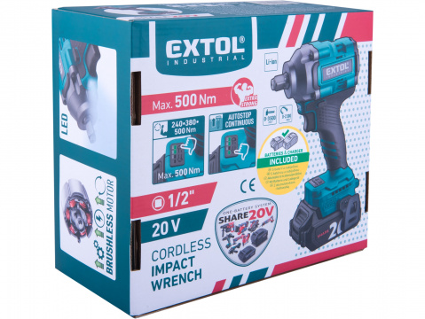 EXTOL INDUSTRIAL utahovák rázový 1/2" aku SHARE20V, 500Nm, BRUSHLESS, 2Ah 8791814