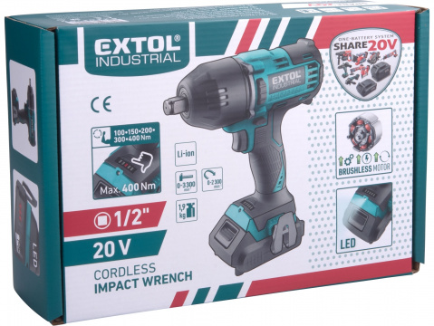 EXTOL INDUSTRIAL utahovák rázový 1/2" aku SHARE20V, 20V Li-ion, 400Nm, 2000mAh 8791812