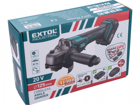 EXTOL INDUSTRY bruska úhlová aku SHARE20V, 125mm, 20V Li-ion, BEZ BATERIE A NABÍJEČKY