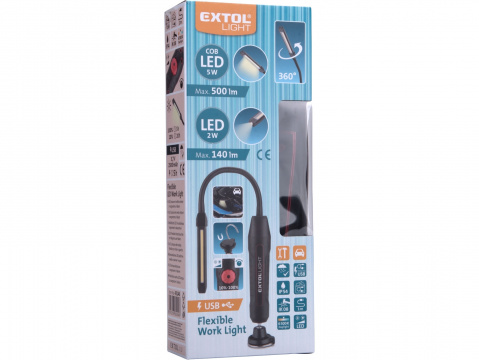EXTOL LIGHT Lampa montážní, ohebné pracovní světlo USB nabíjecí, 500lm COB + 140lm LED