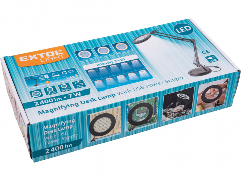 EXTOL LIGHT Stolní lupa s osvětlením, 5x zvětšení, osvětlení 2400 lm, USB napájení, černá