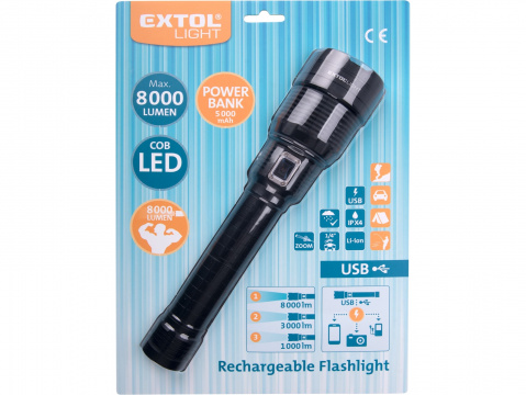 EXTOL LIGHT svítilna 8000lm, zoom, USB nabíjení s powerbankou, 60W COB LED 43142
