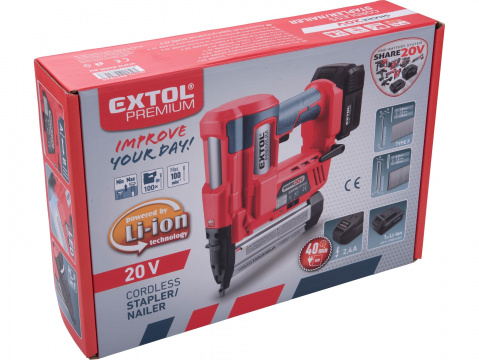 EXTOL PREMIUM  aku hřebíkovačka/sponkovačka SHARE20V, 20V Li-ion, 2000mAh