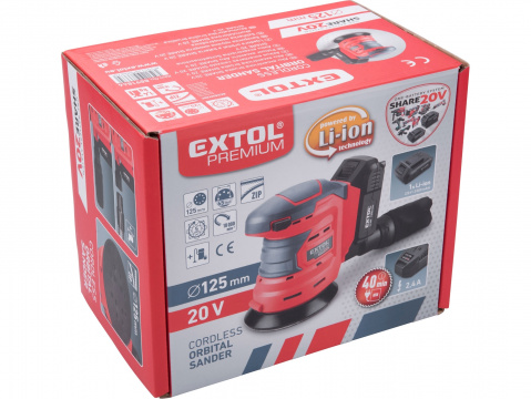 EXTOL PREMIUM bruska excentrická aku SHARE20V, 125mm, 20V Li-ion, 2000mAh