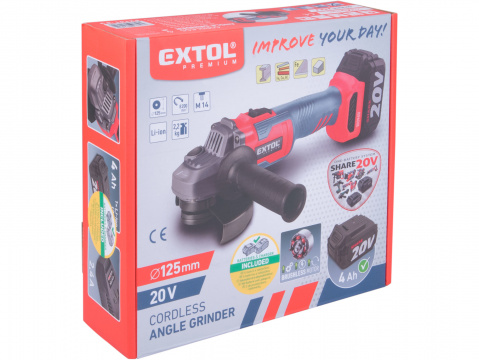 EXTOL PREMIUM bruska úhlová aku SHARE20V, 125mm, BRUSHLESS, 4Ah 8891838