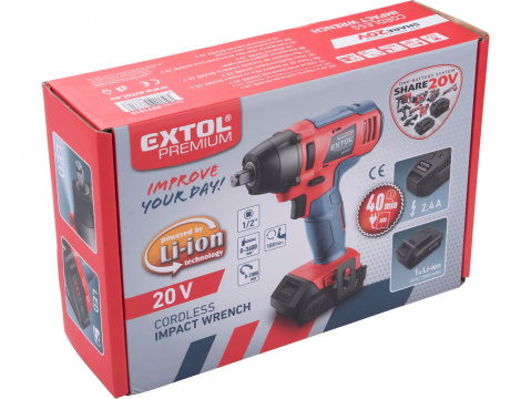 EXTOL PREMIUM utahovák rázový 1/2" aku SHARE20V, 180Nm, 20V Li-ion, 2000mAh