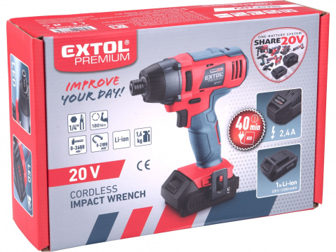 EXTOL PREMIUM utahovák rázový 1/4" aku SHARE20V, 20V Li-ion, 2000mAh 8891812