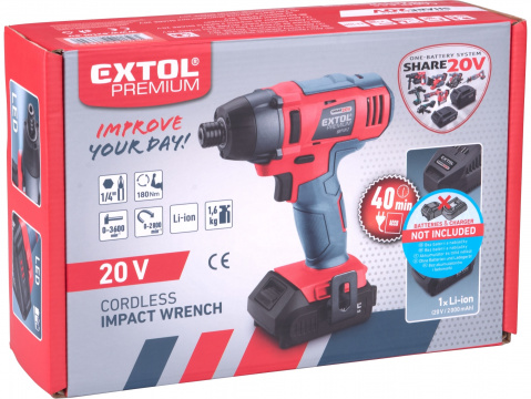 EXTOL PREMIUM utahovák rázový 1/4" aku SHARE20V, 20V Li-ion, bez baterie a nabíječky