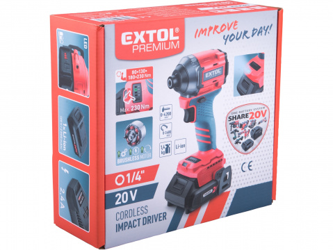 EXTOL PREMIUM utahovák rázový 1/4" aku SHARE20V, 230Nm, 20V Li-ion bez baterie a nabíječky