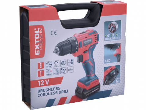 EXTOL PREMIUM vrtací šroubovák aku, BRUSHLESS, 12V Li-ion, 2Ah 8891152