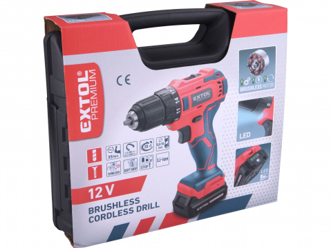 EXTOL PREMIUM vrtací šroubovák aku, BRUSHLESS, 12V Li-ion, 2Ah 8891152