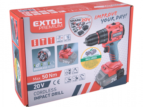 EXTOL PREMIUM vrtací šroubovák aku s příklepem SHARE20V, BRUSHLESS, bez baterie