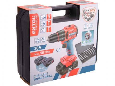 EXTOL PREMIUM vrtací šroubovák aku s příklepem SHARE20V, BRUSHLESS, 2x2Ah 8891806