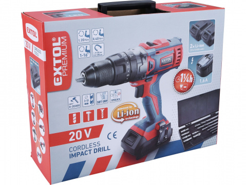 EXTOL PREMIUM vrtací šroubovák aku s příklepem SHARE20V,20V Li-ion, bez aku a nabíječky