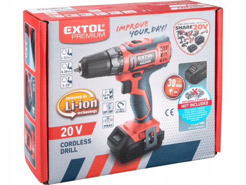 EXTOL PREMIUM vrtací šroubovák aku SHARE20V, 20V Li-ion, bez baterie a nabíječky 8891801