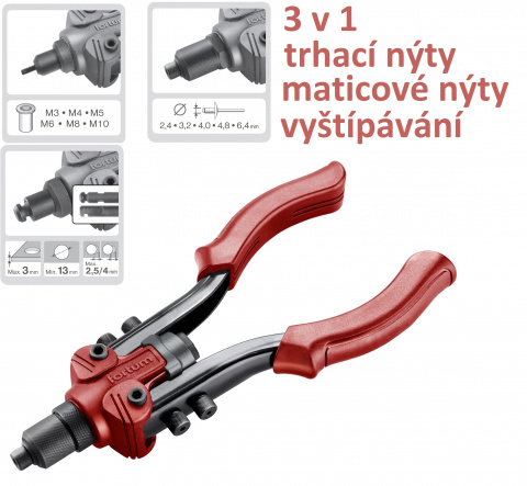 FORTUM Combo nýtovací kleště  3v1 maticové nýty M3-M10 trhací nýty 2,4-6,4mm, 4770638