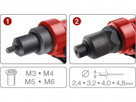 FORTUM Nýtovací kleště s otočné COMBO, nýtovací matice M3-M6 a trhací nýty 2,4-4,8mm